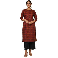 Soch Womens Maroon Linen Blend Ikat Print Kurta with Tassels