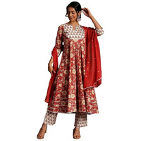 Libas Red Printed Cotton Anarkali Kurta With Trousers & Dupatta