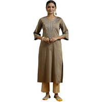 Libas Women's Silk Floral Straight Kurta (G2733_Gold