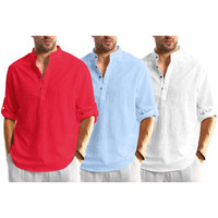 Bellstone Men's Cotton Blend Solid Regular Dress Shirt (KURTA1600_Triple_RED-Sky-White_L