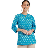 Amazon Brand - Myx Women's Cotton Printed Regular Short Kurti (SS20MYXCORE22_Light Teal_L)