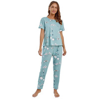 SMOWKLY Printed Round Neck Short Sleeve Nightsuit Set | Pajama Set | Night Dress for Women (1126CRTN_SKBL_M) Aqua Blue