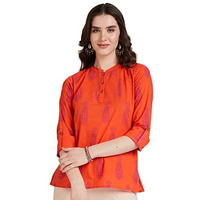 Amazon Brand - Myx Women's Cotton Screen Print Straight Short Kurti (SS19MYXTP019C1_Orange_S)