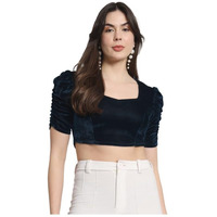 Vaararo Velvet Blouse Tops for Women | Party Puff Sleeves Readymade Outfit Peacock Blue X-Small
