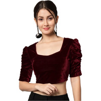 Vaararo Velvet Blouse Tops for Women | Party Puff Sleeves Readymade Outfit Maroon XX-Large