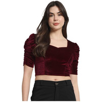 Vaararo Velvet Blouse Tops for Women | Party Puff Sleeves Readymade Outfit Sporty Maroon XX-Large