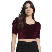 Vaararo Velvet Blouse Tops for Women | Party Puff Sleeves Readymade Outfit Wine X-Large