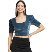 Vaararo Readymade Party Blouse for Women | Shiny Velvet Puff Sleeves Stylish Outfit Dark Teal Large