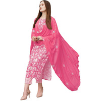 GoSriKi Women's Cotton Blend Straight Printed Kurta with Pant & Dupatta (MEI Pink-GS_M_Pink_Medium)