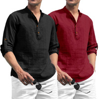 Zombom Combo of Men's Solid Cotton Blend Full Sleeve Straight Kurta Shirt (Pack of 2) Black-Maroon