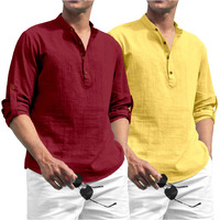 Zombom Combo of Men's Solid Cotton Blend Full Sleeve Straight Kurta Shirt (Pack of 2) Maroon-Yellow