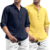 Zombom Combo of Men's Solid Cotton Blend Full Sleeve Straight Kurta Shirt (Pack of 2) Navy Blue-Yellow