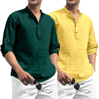 Zombom Combo of Men's Solid Cotton Blend Full Sleeve Straight Kurta Shirt (Pack of 2) Green-Yellow