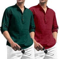 Zombom Combo of Men's Solid Cotton Blend Full Sleeve Straight Kurta Shirt (Pack of 2) Green-Maroon