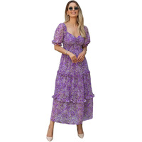 Sheetal Associates Women's Floral Puff Sleeve High Waist A Line Flowy Long Dress (Small, Purple)