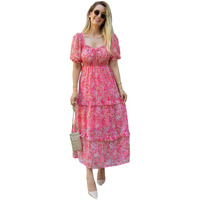 Sheetal Associates Women's Floral Puff Sleeve High Waist A Line Flowy Long Dress (Large, Pink)
