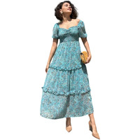 Sheetal Associates Women's Floral Puff Sleeve High Waist A Line Flowy Long Dress (Medium, Light Blue)