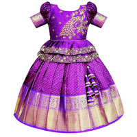 White Button New south Indian traditional pattu pavadai Jecquard Lehenga choli for girls dress (12-18 Months, Violet)