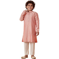 Manyavar Boys Kurta & Pajama Set, Mandarin Collar with Button Closure, Full Sleeve Kurta Set for Kids, Self Design, Blended Silk (Gajari)