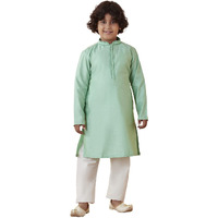 Manyavar Boys Kurta & Pajama Set, Mandarin Collar with Button Closure, Full Sleeve Kurta Set for Kids, Self Design, Blended Silk (Green)