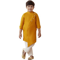 Manyavar Boys Kurta & Pajama Set, Mandarin Collar with Button Closure, Full Sleeve Kurta Set for Kid, Self Design, Blended Viscose (Mustard, 2 Years-3 Years)