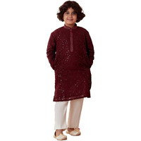 Manyavar Boys Kurta & Pajama Set, Mandarin Collar with Button Closure, Full Sleeve Kurta Set for Kids, Self Design, Georgette (Maroon, 15 Years-16 Years)