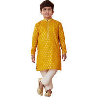 Manyavar Boys Kurta & Pajama Set, Mandarin Collar with Button Closure, Full Sleeve Kurta Set for Kids, Self Design, Chanderi (Mustard, 12 Years-13 Years)