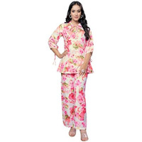 GRECIILOOKS Rayon Floral Regular Fit Stylish Kurta Ethnic for Women | 3/4 Sleeve Co-ord Set (GL-W1938&TR960_Pink_S)