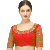 Pujia Mills Women's Embroidery Handwork Sequence Work Necklace Design Readymade Blouse (Red, 32)