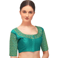 Pujia Mills Women's Embroidery Handwork Sequence Work Necklace Design Readymade Blouse (Rama, 34)