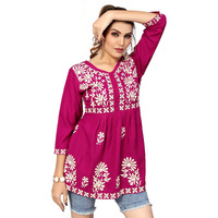 Bee M Pee Designer Women's Cotton Blend Empire Embroidered Short Kurta (RD Kurti Tokio Rani Pink_M-New_Pink_Medium)