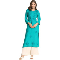 VAIRAGEE Women's Rayon Straight Cut Round Neck Kurta with Beautiful Lucknowi Chickenkari Work (1593) Sea Green