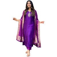GoSriKi Women's Silk Blend Straight Embroidered Kurta with Pant & Dupatta (Premium Begani-GS_S_Begani_Small)