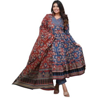 GRECIILOOKS Women's Rayon Anarkali Printed V- Neck Kurta With Palazzo & Dupatta | Ethnic Set | Dupatta Set | Suit Set | Kurta And Pant Set (IN, Alpha, L, Regular, BLUE)