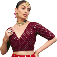 Pujia Mills Womens Fancy Readymade Half Sleeve Sequins Saree Blouse (Maroon, 32)