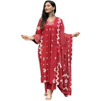 KLOSIA Viscose Women Printed A-Line Kurta Pant With Dupatta (Red, XL)