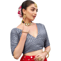 Pujia Mills Womens Fancy Readymade Half Sleeve Sequins Saree Blouse (Grey, 34)