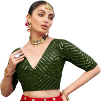 Pujia Mills Womens Fancy Readymade Half Sleeve Sequins Saree Blouse (Mehendi Green, 34)