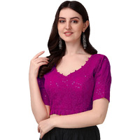 Pujia Mills Women's Georgett Lucknowi Embroidery Puff Sleeve Tie UP Blouse (Lucknowi Tie) (Dark Pink, 32)