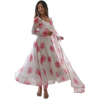 Women Floral Print Anarkali Kurta with Pant and Duptta (X-Large, White-Pink)