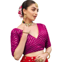 Pujia Mills Womens Fancy Readymade Half Sleeve Sequins Saree Blouse (Rani, 34)