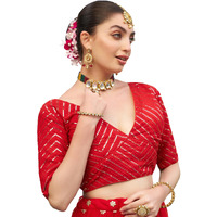 Pujia Mills Womens Fancy Readymade Half Sleeve Sequins Saree Blouse (Red, 32)