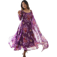 Wedani Women Floral Print Anarkali Kurta with Pant and Duptta (Small, Purple-1)