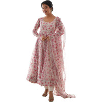 Women Floral Print Anarkali Kurta with Pant and Duptta (Medium, Pink)