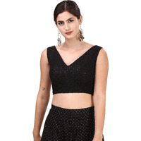 OOMPH! Women's Indian Ethnic Wear Designer Round Leaf Pattern V Neck Sleeveless Cotton Black Blouse for Saree or Lehnga and BlousePalazzos or Skirts for a Fusion Twist.