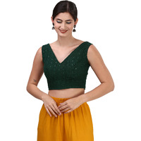 OOMPH! Women's Indian Ethnic Wear Designer Square Leaf Pattern V Neck Sleeveless Cotton Dark Green Blouse for Saree or Lehnga and BlousePalazzos or Skirts for a Fusion Twist.