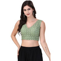 OOMPH! Women's Indian Ethnic Wear Designer Round Leaf Pattern V Neck Sleeveless Cotton Pista Blouse for Saree or Lehnga and BlousePalazzos or Skirts for a Fusion Twist.