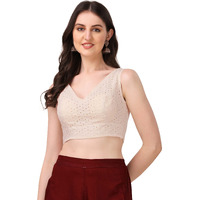 OOMPH! Women's Indian Ethnic Wear Designer Leaf Pattern V Neck Sleeveless Cotton White Blouse for Saree or Lehnga and BlousePalazzos or Skirts for a Fusion Twist.