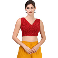 OOMPH! Women's Indian Ethnic Wear Designer Leaf Pattern V Neck Sleeveless Cotton Red Blouse for Saree or Lehnga and BlousePalazzos or Skirts for a Fusion Twist.