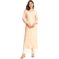 VAIRAGEE Women's Rayon Straight Cut Round Neck Kurta with Beautiful Lucknowi Chickenkari Work (1593) Peach